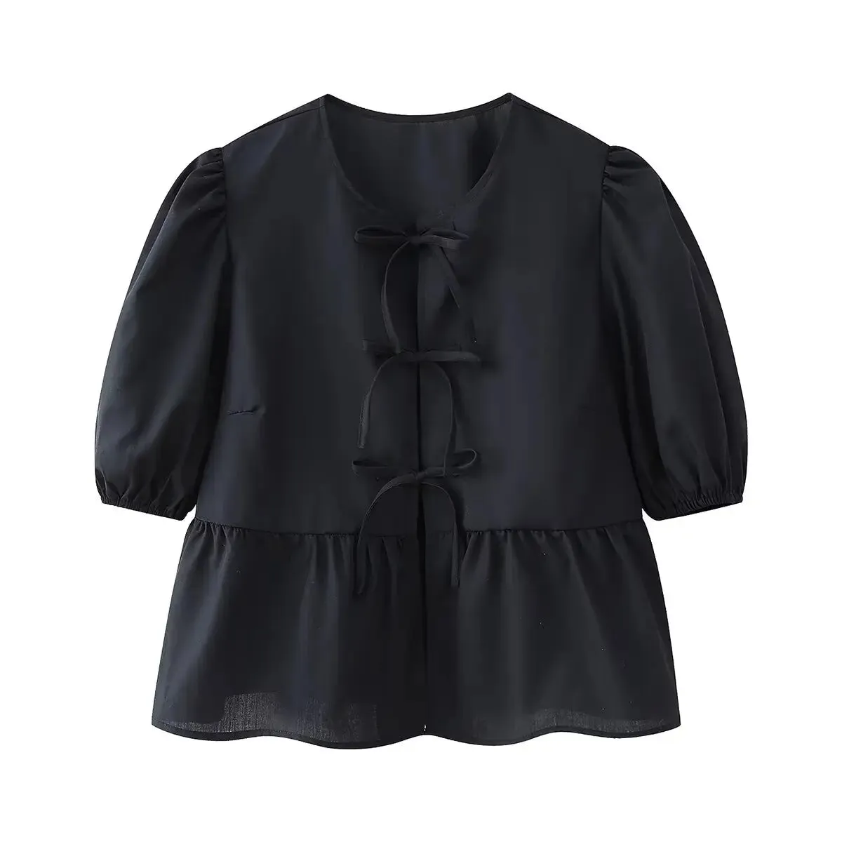 Summer Leopard Lace-up Blouse - Women's Puff Sleeve Crop Top