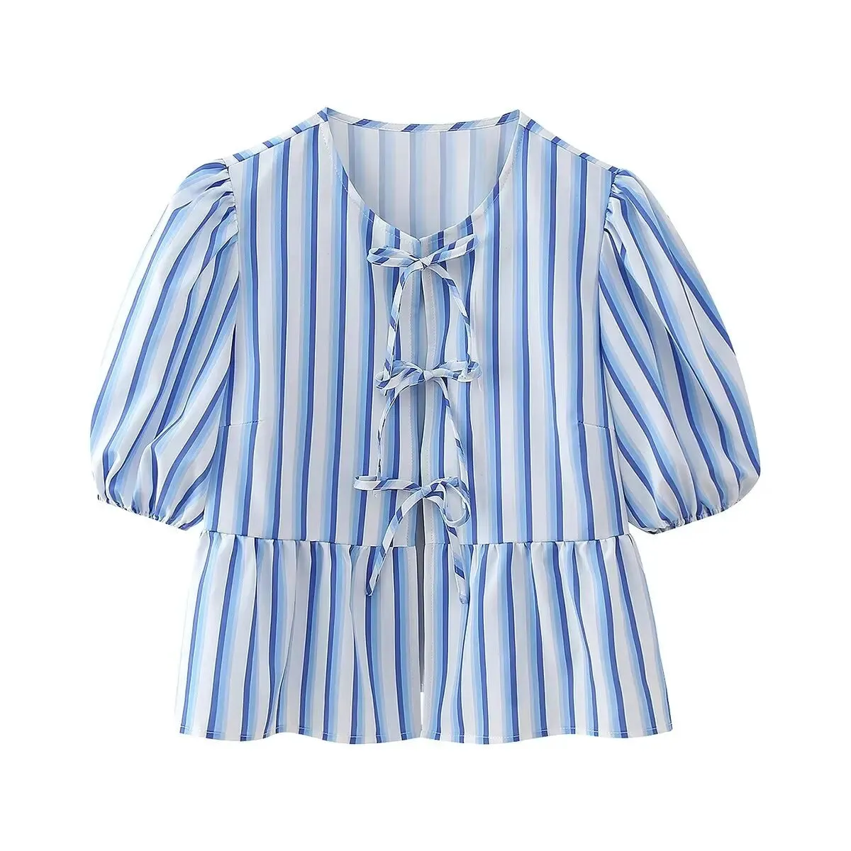 Summer Leopard Lace-up Blouse - Women's Puff Sleeve Crop Top