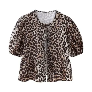 Summer Leopard Lace-up Blouse - Women's Puff Sleeve Crop Top