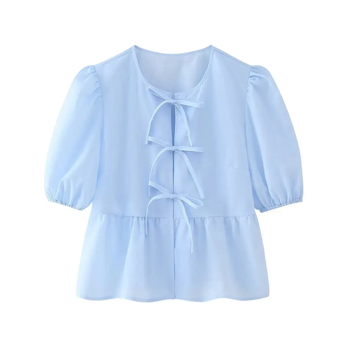 Summer Leopard Lace-up Blouse - Women's Puff Sleeve Crop Top