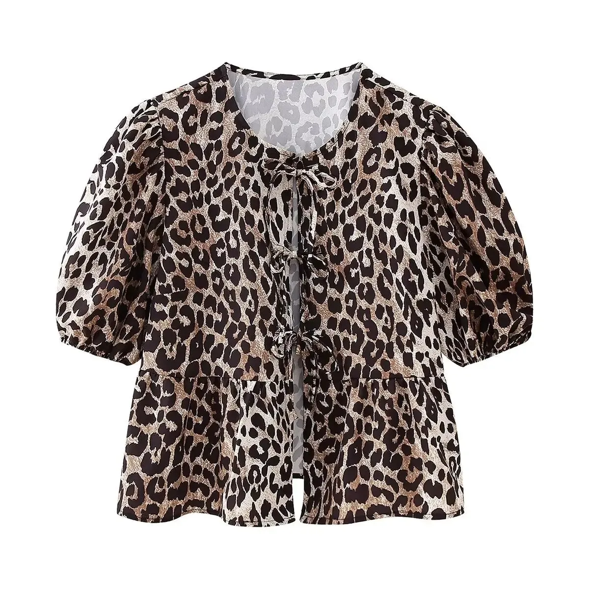 Summer Leopard Lace-up Blouse - Women's Puff Sleeve Crop Top