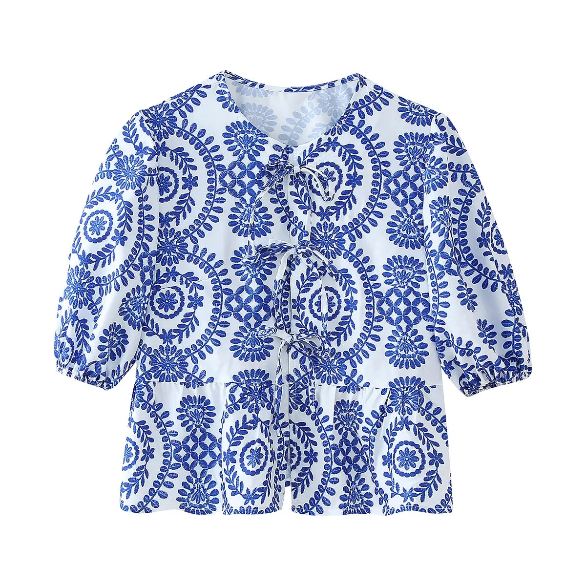 Summer Leopard Lace-up Blouse - Women's Puff Sleeve Crop Top
