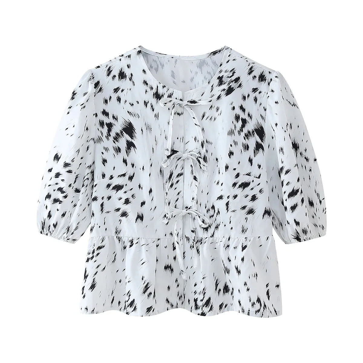 Summer Leopard Lace-up Blouse - Women's Puff Sleeve Crop Top