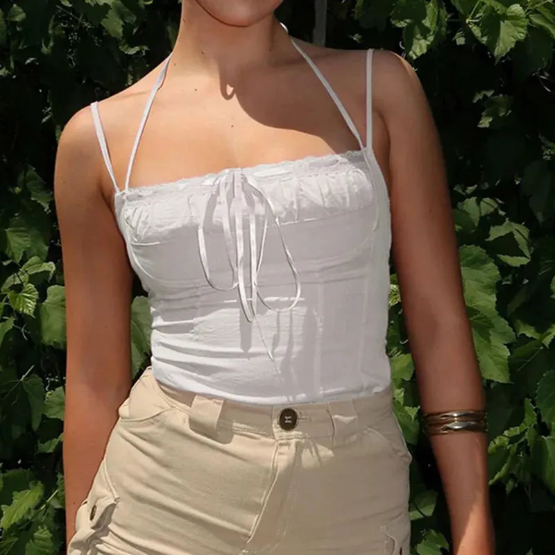 Summer Sexy Solid Lace Sleeveless Backless Casual Crop New Top