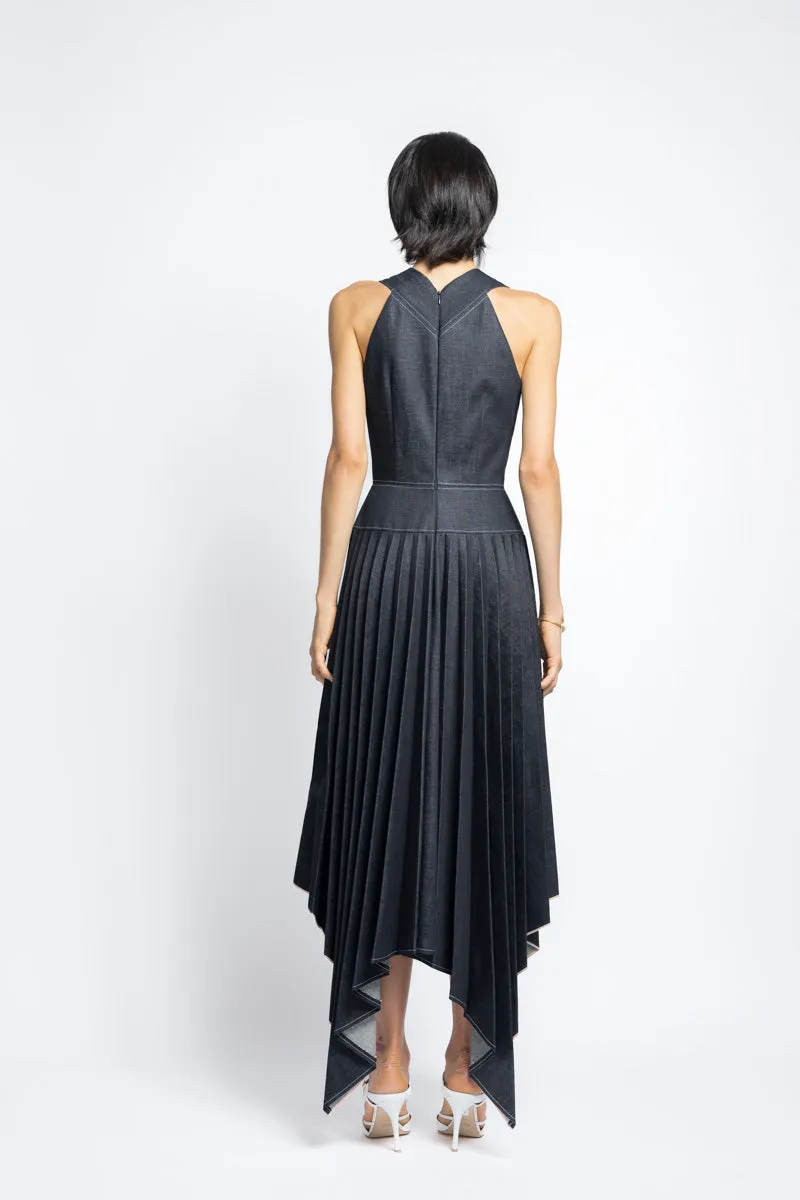 Supima Pleated Denim Dress With Sculpted Bodice
