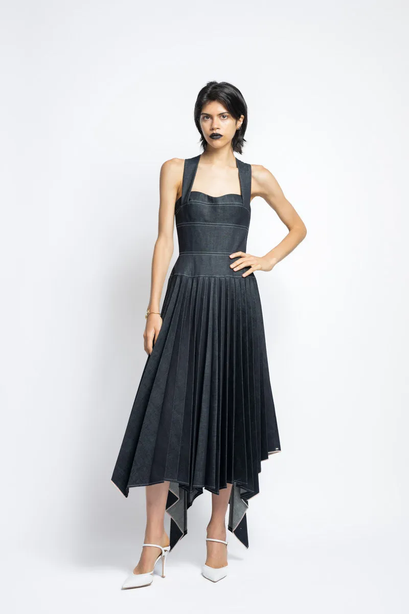Supima Pleated Denim Dress With Sculpted Bodice