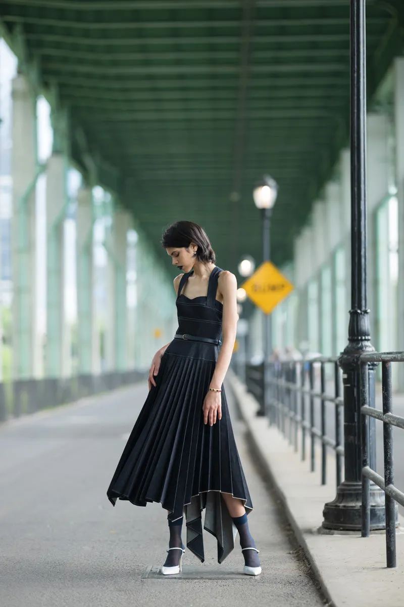 Supima Pleated Denim Dress With Sculpted Bodice