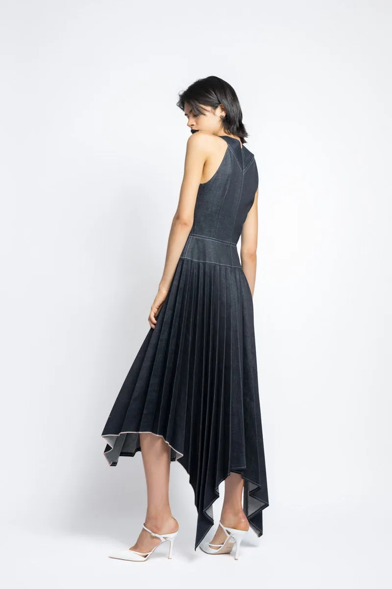Supima Pleated Denim Dress With Sculpted Bodice