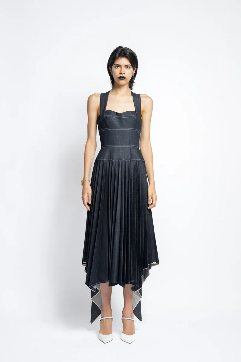 Supima Pleated Denim Dress With Sculpted Bodice