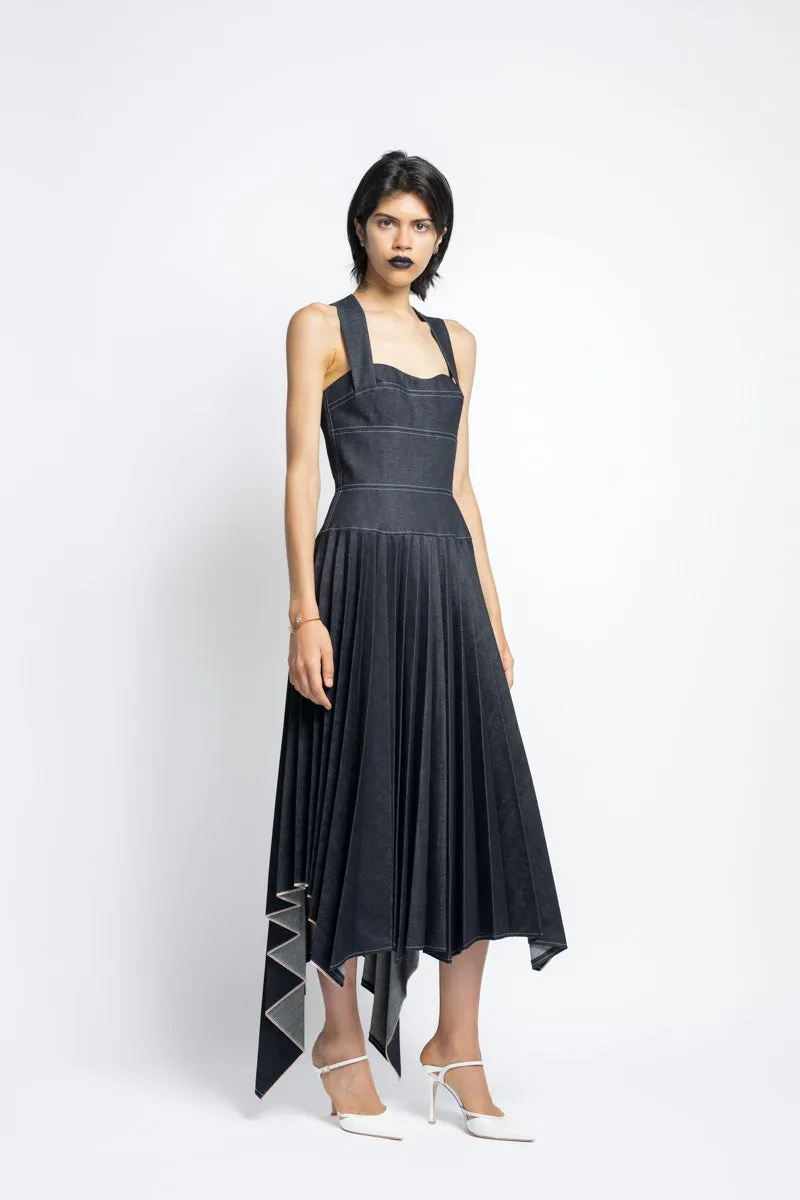 Supima Pleated Denim Dress With Sculpted Bodice