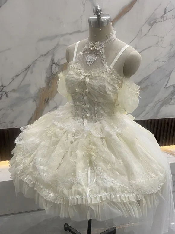 Sweet Lolita JSK Dress Ecru White Sleeveless Pearls Lace Lolita Jumper Skirts