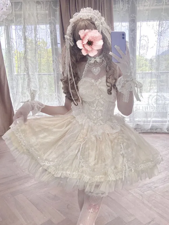 Sweet Lolita JSK Dress Ecru White Sleeveless Pearls Lace Lolita Jumper Skirts