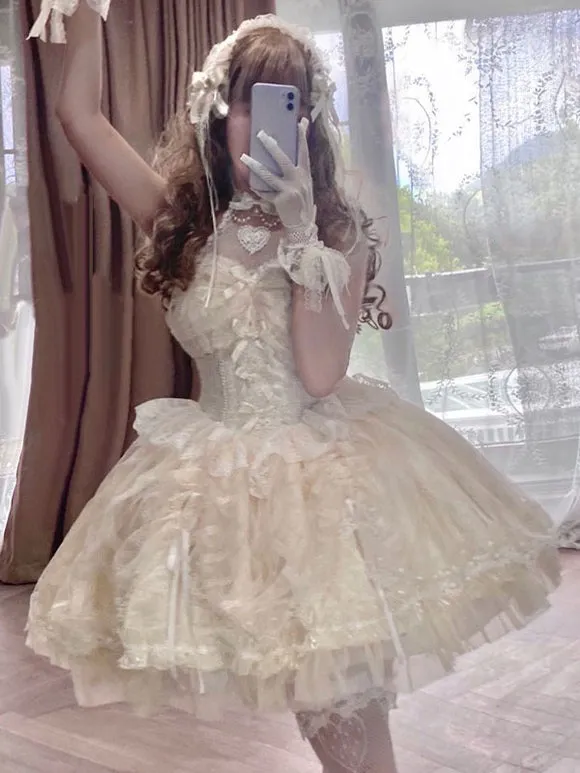 Sweet Lolita JSK Dress Ecru White Sleeveless Pearls Lace Lolita Jumper Skirts