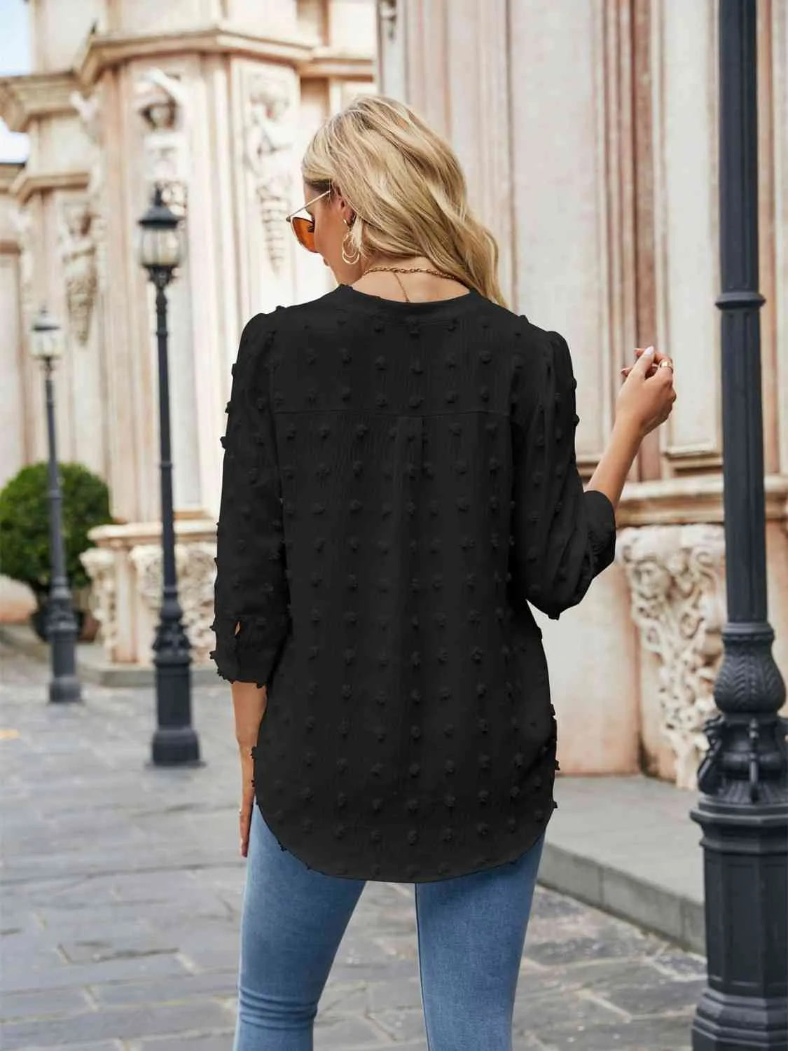 Swiss Dot Half Sleeve Notched Neck Blouse (6 Colors)