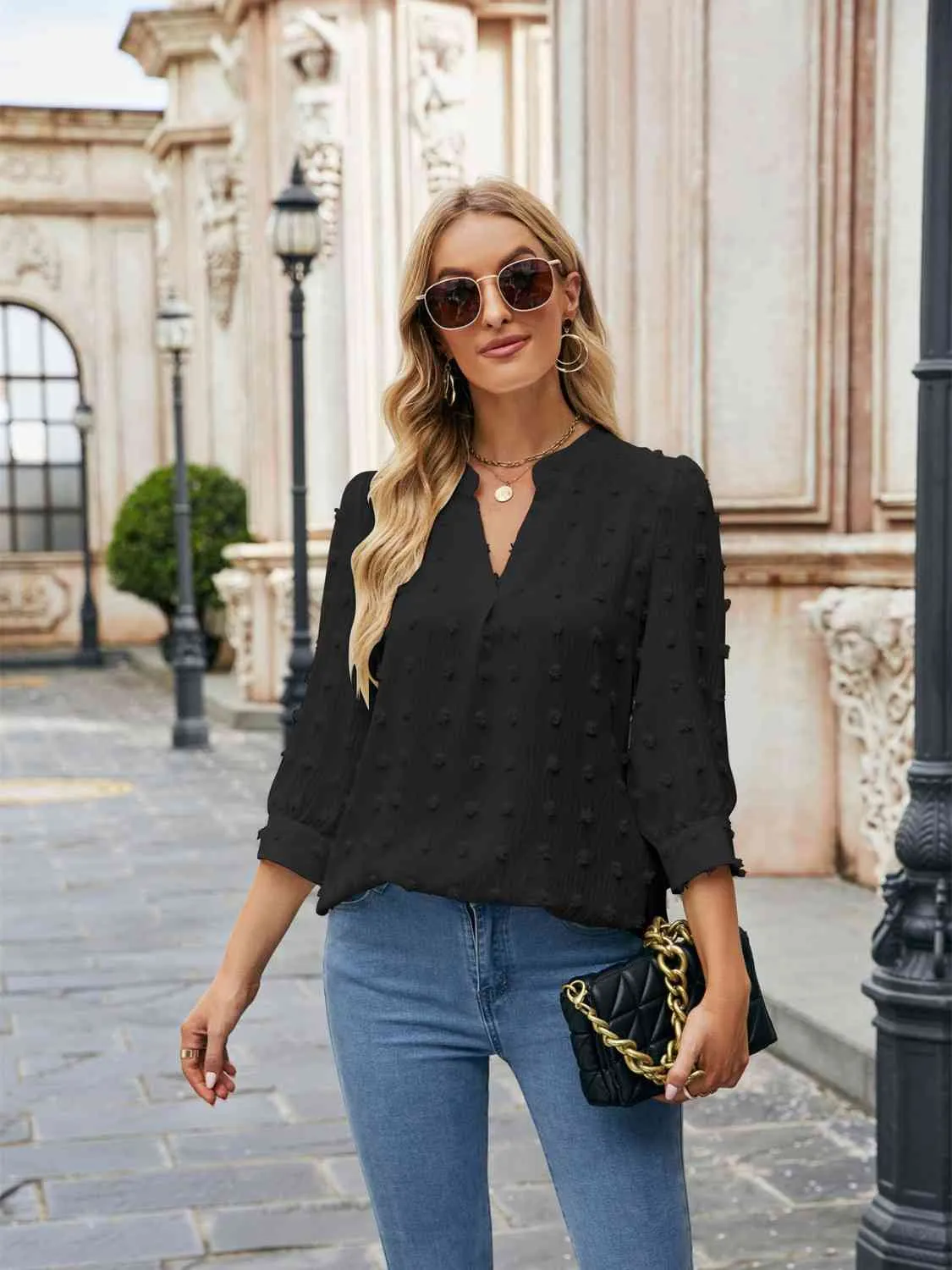 Swiss Dot Half Sleeve Notched Neck Blouse (6 Colors)