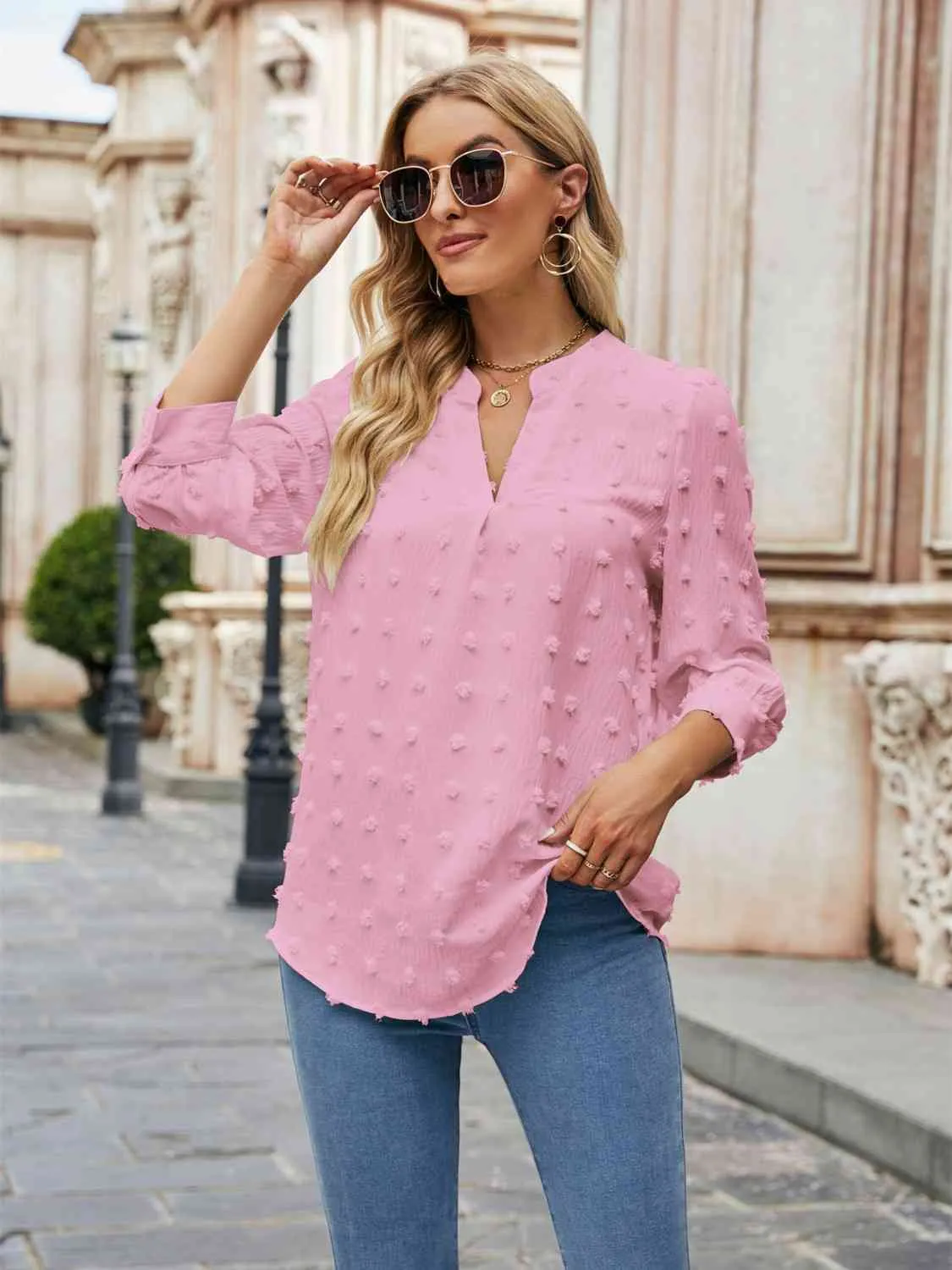 Swiss Dot Half Sleeve Notched Neck Blouse (6 Colors)