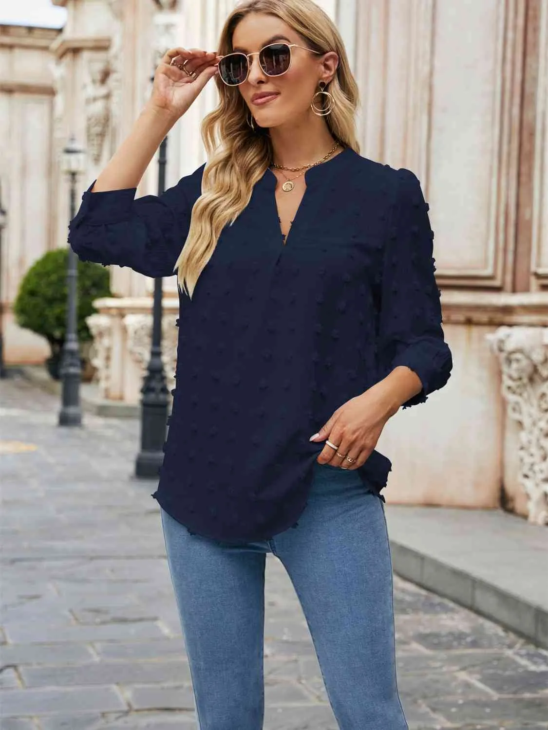 Swiss Dot Half Sleeve Notched Neck Blouse (6 Colors)