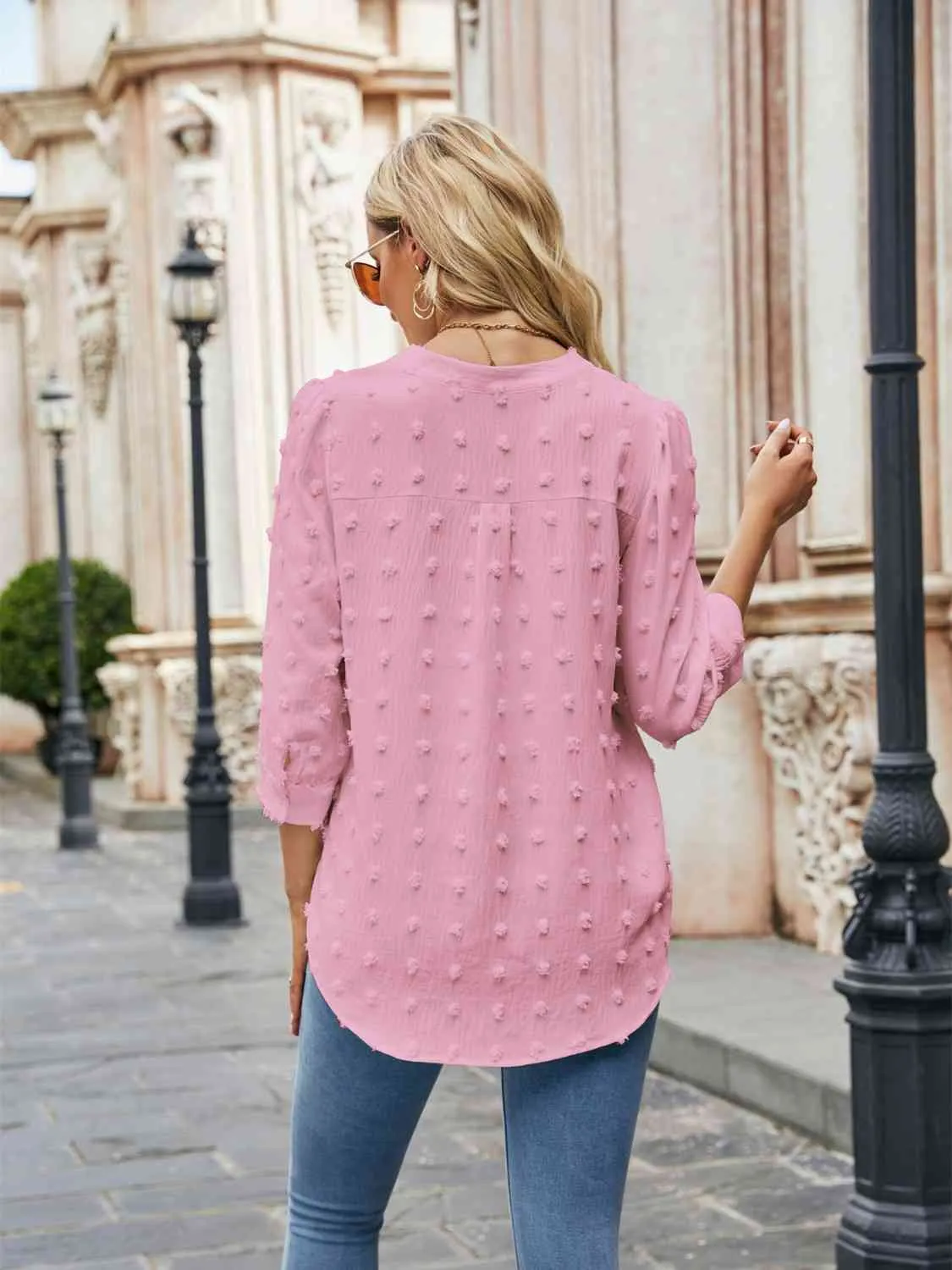 Swiss Dot Half Sleeve Notched Neck Blouse (6 Colors)