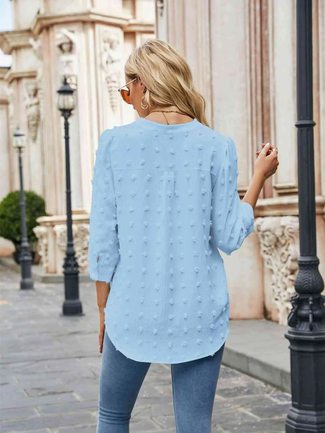 Swiss Dot Half Sleeve Notched Neck Blouse (6 Colors)