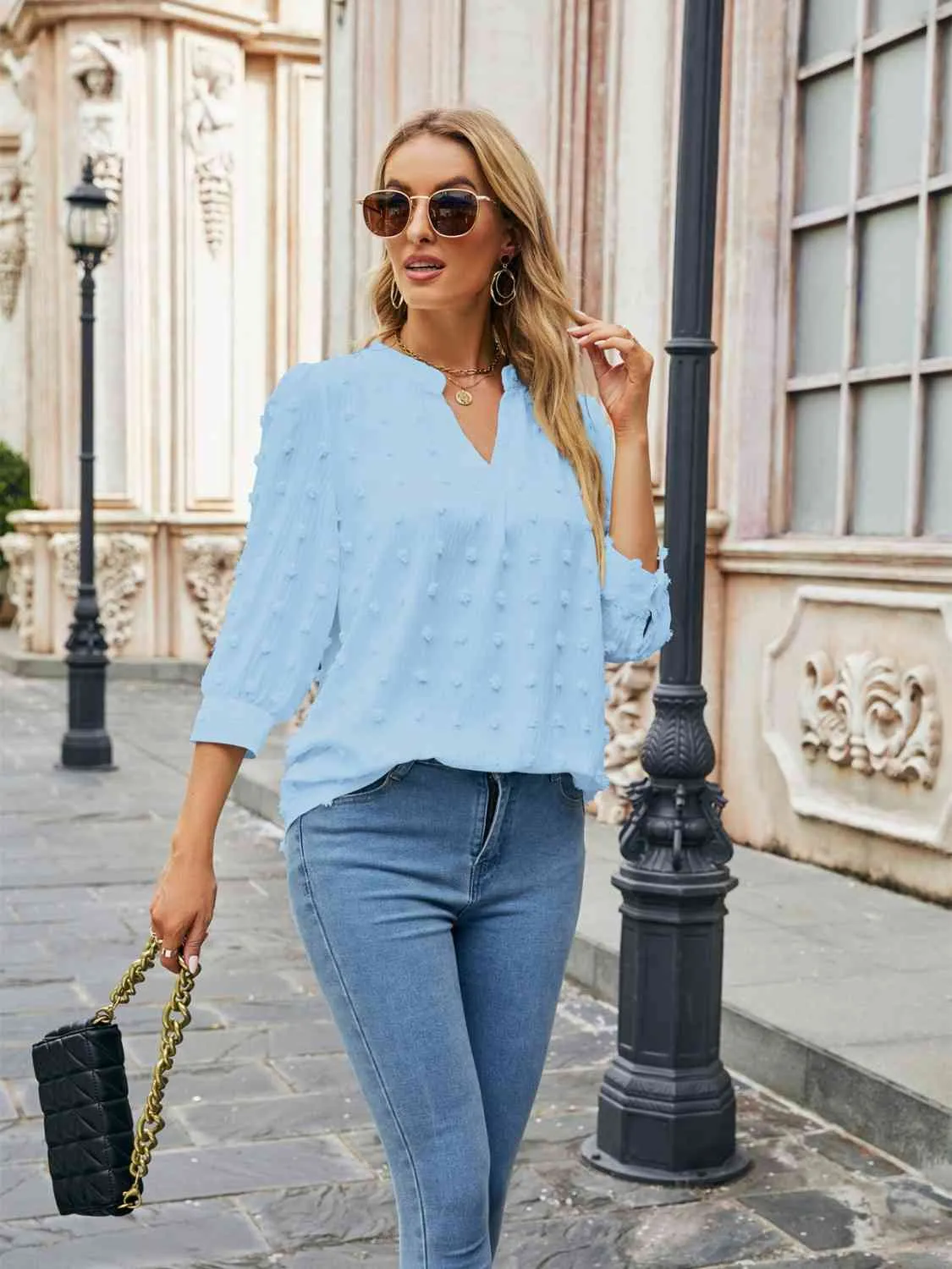 Swiss Dot Half Sleeve Notched Neck Blouse (6 Colors)