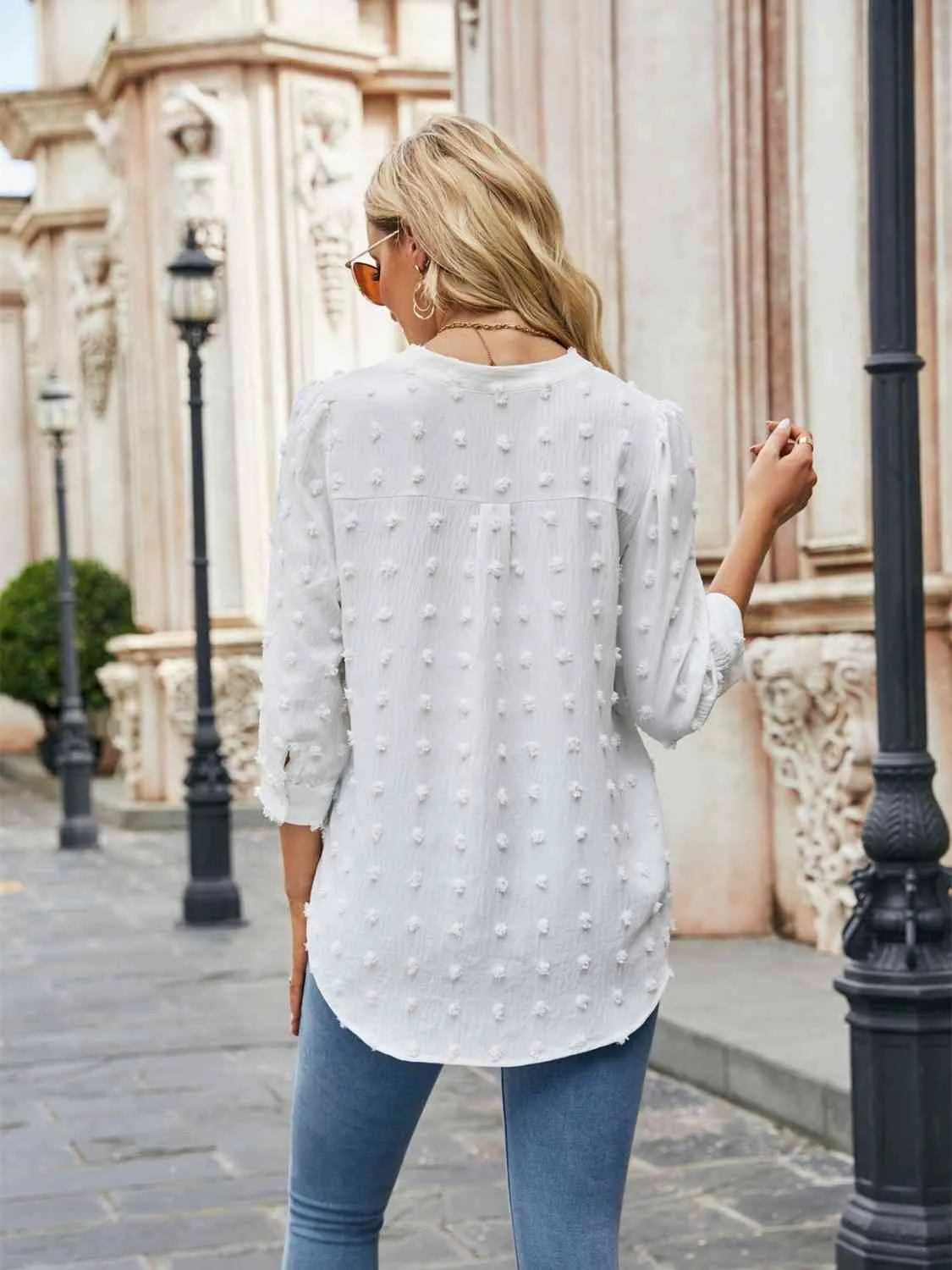 Swiss Dot Half Sleeve Notched Neck Blouse (6 Colors)