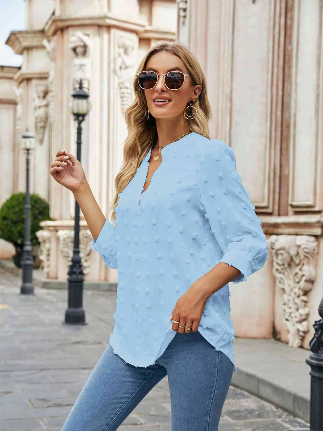 Swiss Dot Half Sleeve Notched Neck Blouse (6 Colors)