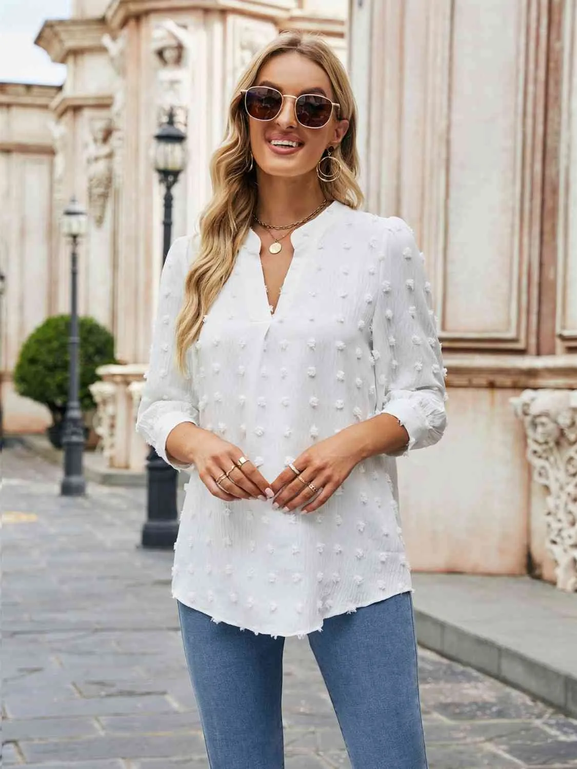 Swiss Dot Half Sleeve Notched Neck Blouse (6 Colors)