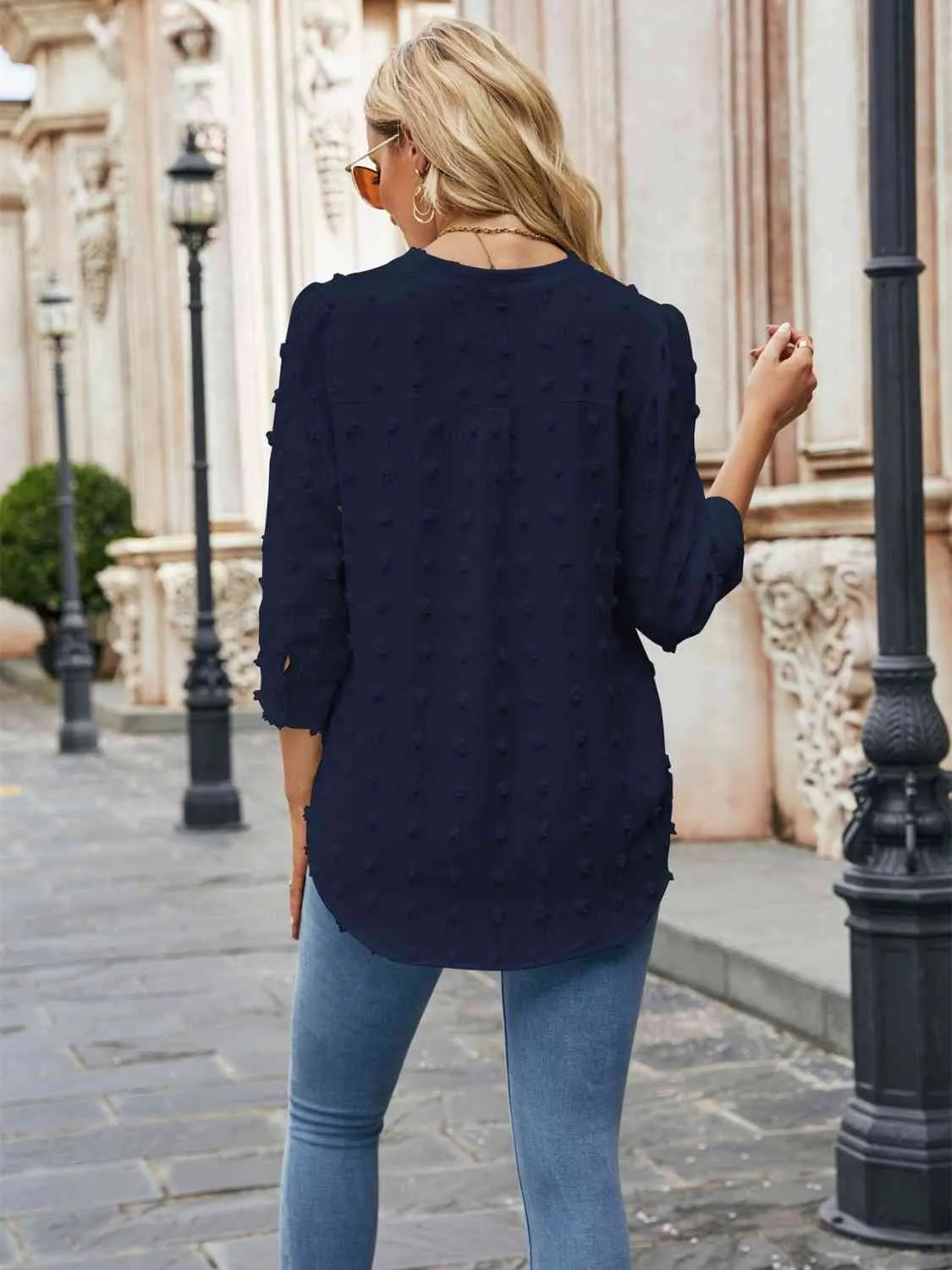 Swiss Dot Half Sleeve Notched Neck Blouse (6 Colors)