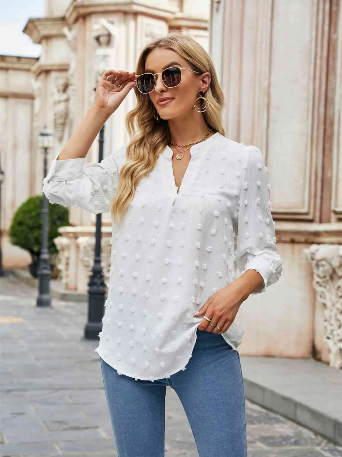 Swiss Dot Half Sleeve Notched Neck Blouse (6 Colors)