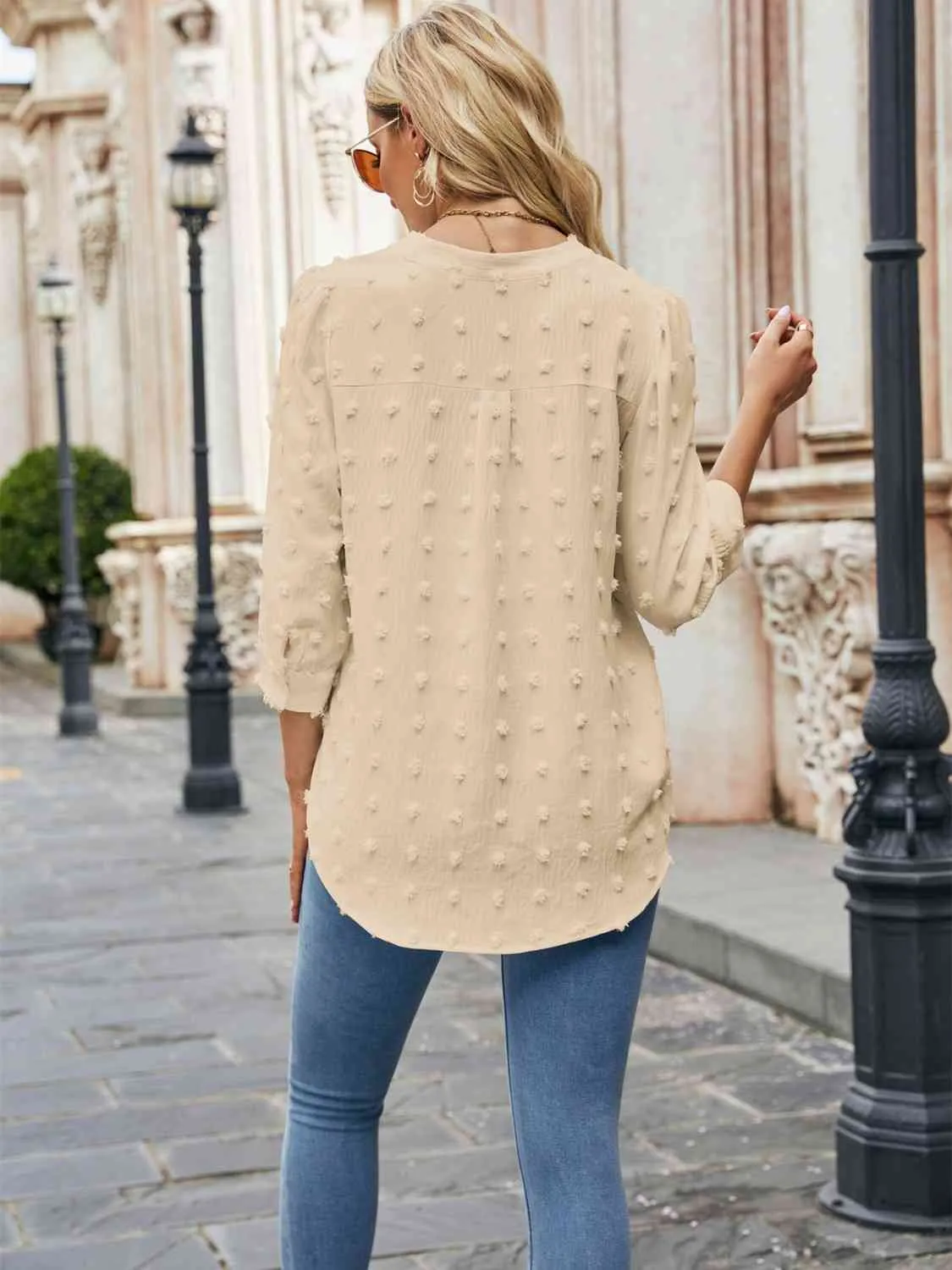 Swiss Dot Half Sleeve Notched Neck Blouse (6 Colors)