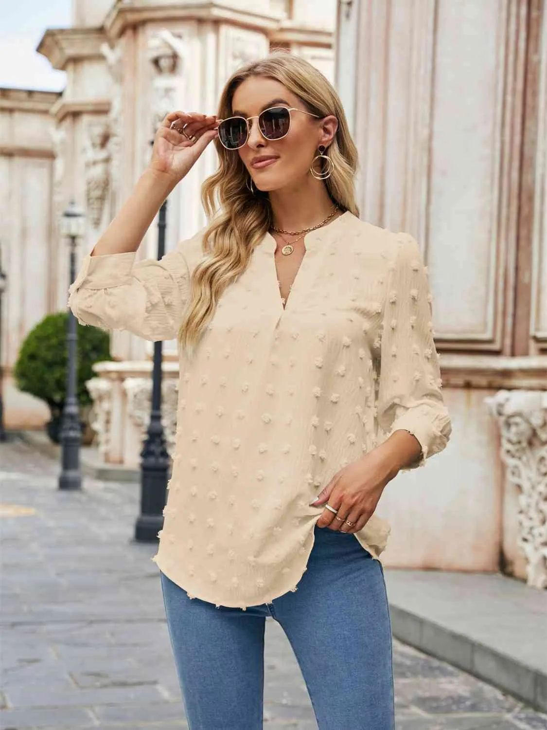 Swiss Dot Half Sleeve Notched Neck Blouse (6 Colors)