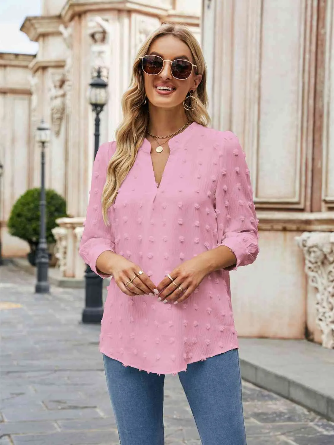 Swiss Dot Half Sleeve Notched Neck Blouse (6 Colors)