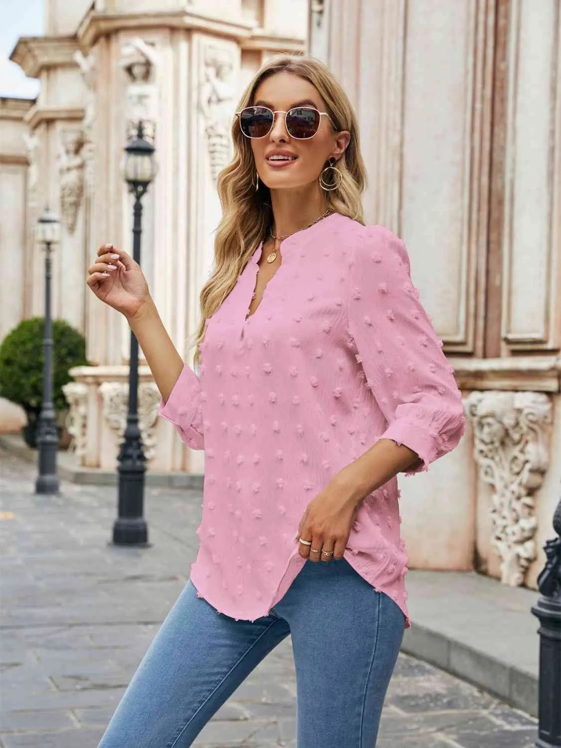 Swiss Dot Half Sleeve Notched Neck Blouse (6 Colors)
