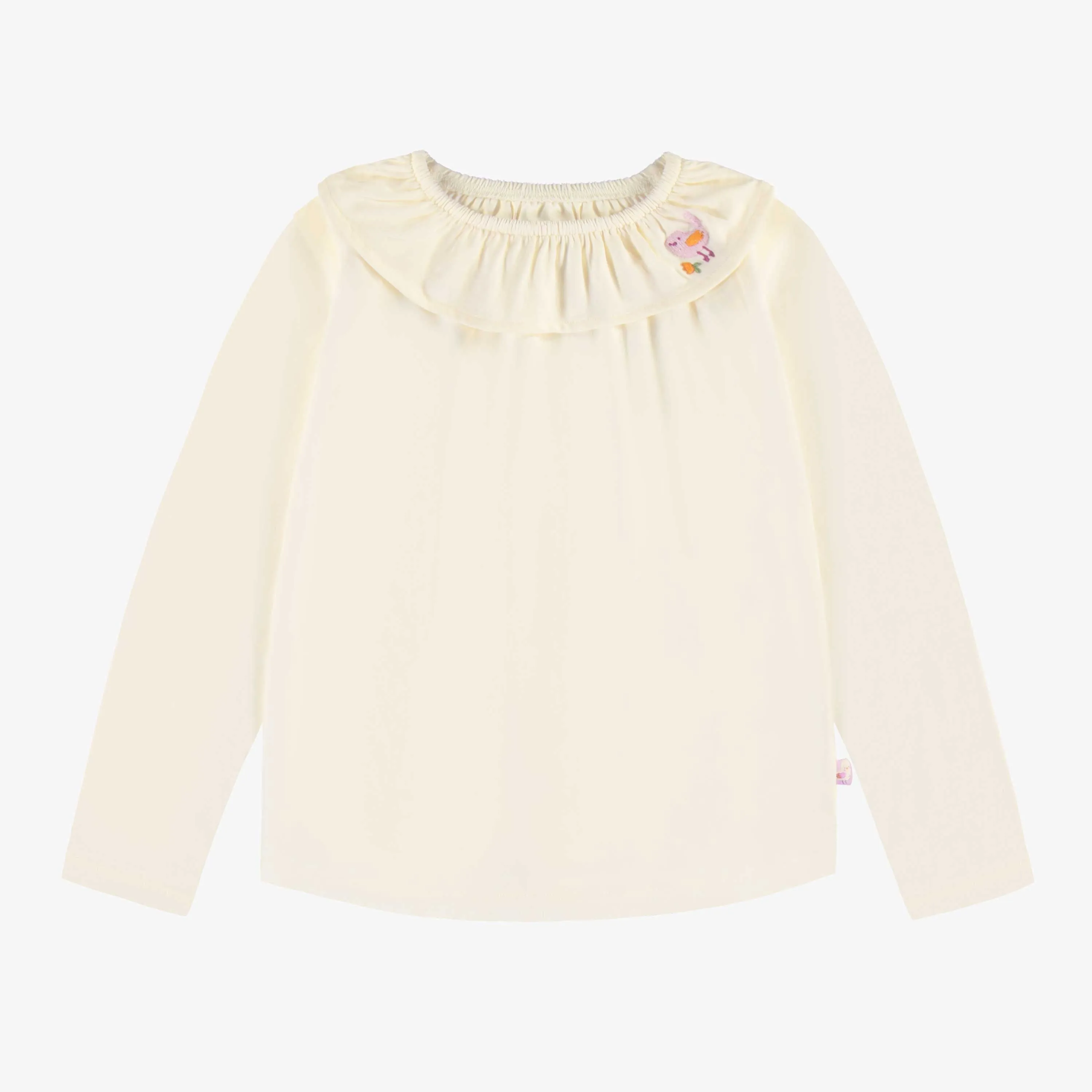 T-shirt crème avec col rond à volant en jersey, enfant || Cream t-shirt with round neck with ruffle in jersey, child