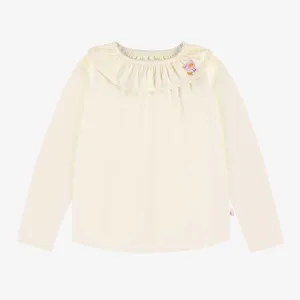 T-shirt crème avec col rond à volant en jersey, enfant || Cream t-shirt with round neck with ruffle in jersey, child