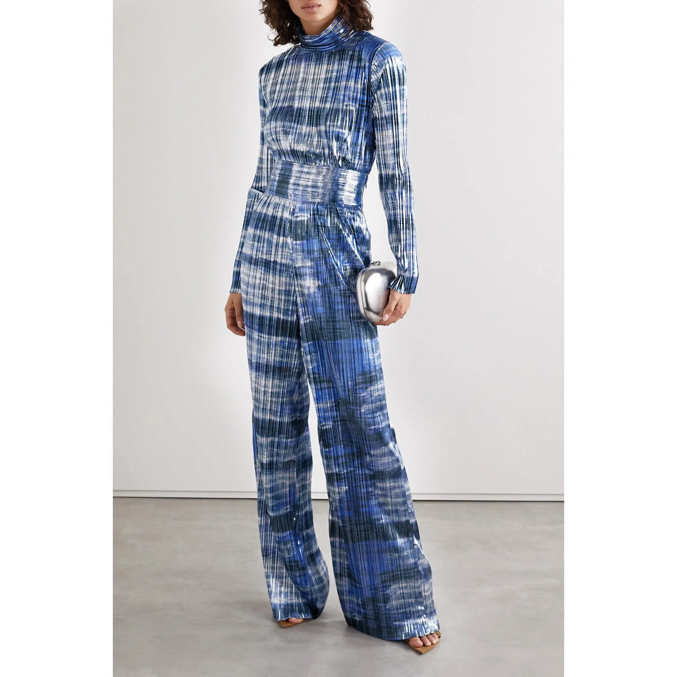 Tie-Dyed Plissé-Lamé Turtleneck Top