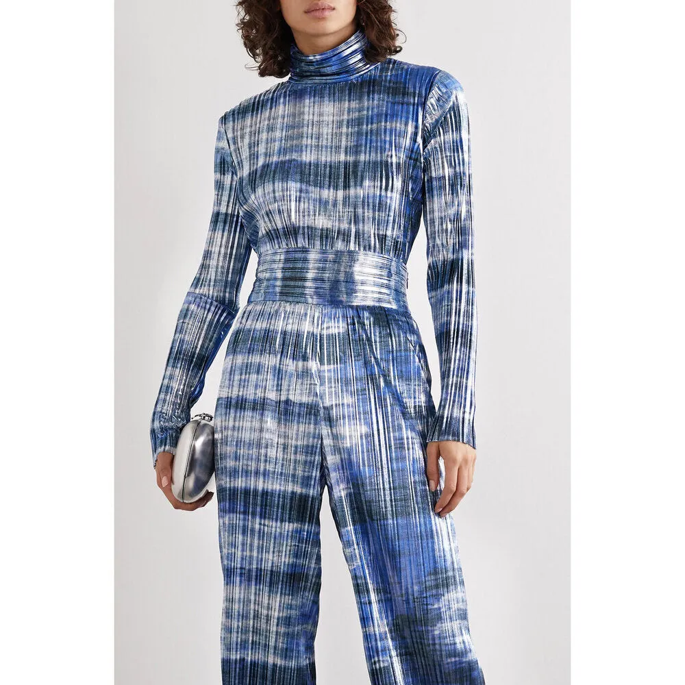 Tie-Dyed Plissé-Lamé Turtleneck Top