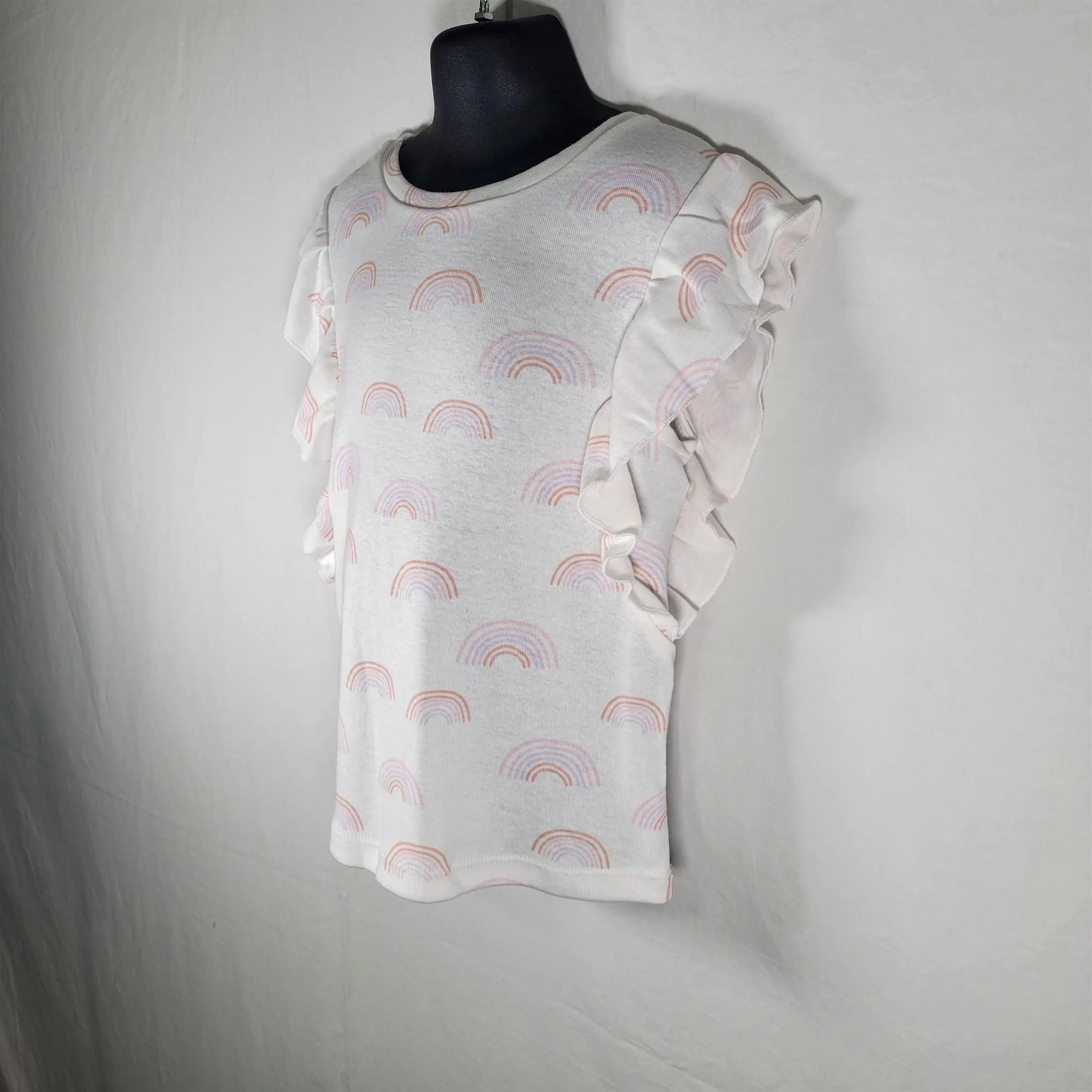 Toddler Girls Sleeveless T Shirt with Ruffles and Rainbow Print by Grayson Mini