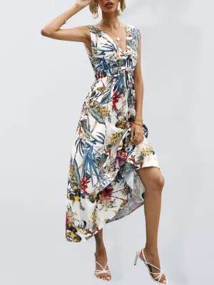 Tropical Print Asymmetrical Hem Dress with Cinched Waist
