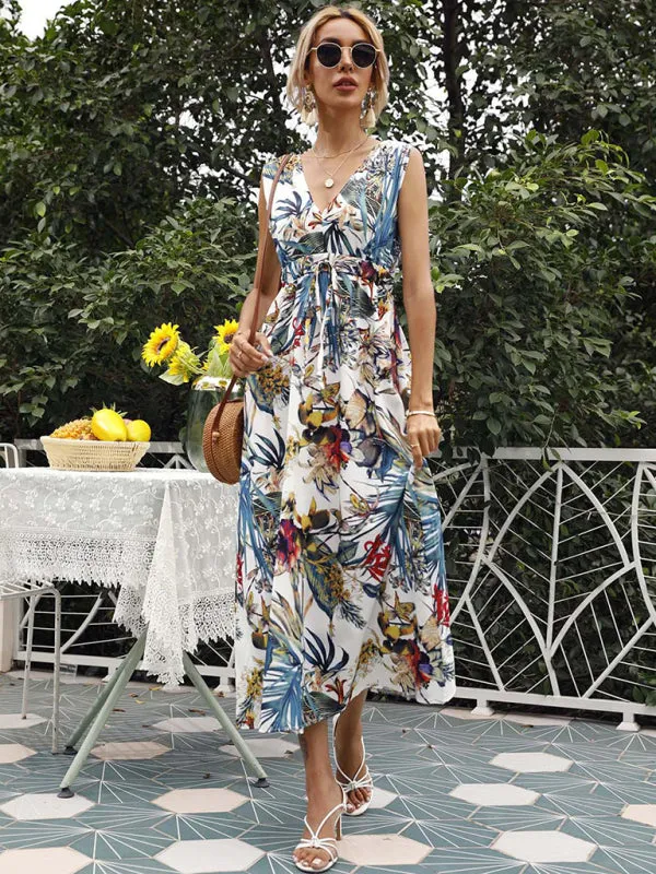Tropical Print Asymmetrical Hem Dress with Cinched Waist