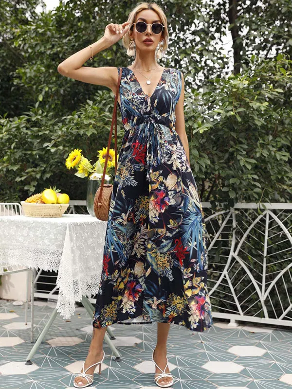 Tropical Print Asymmetrical Hem Dress with Cinched Waist