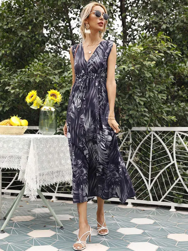 Tropical Print Asymmetrical Hem Dress with Cinched Waist