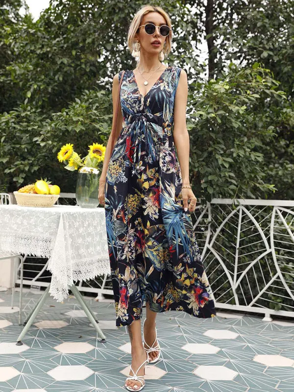 Tropical Print Asymmetrical Hem Dress with Cinched Waist