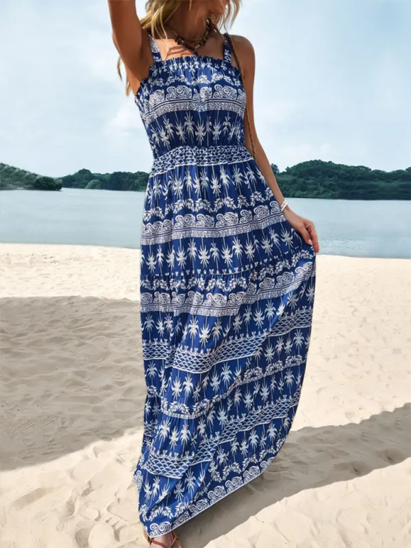 Tropical Print Maxi Dress with Smocked Bodice and High Waist