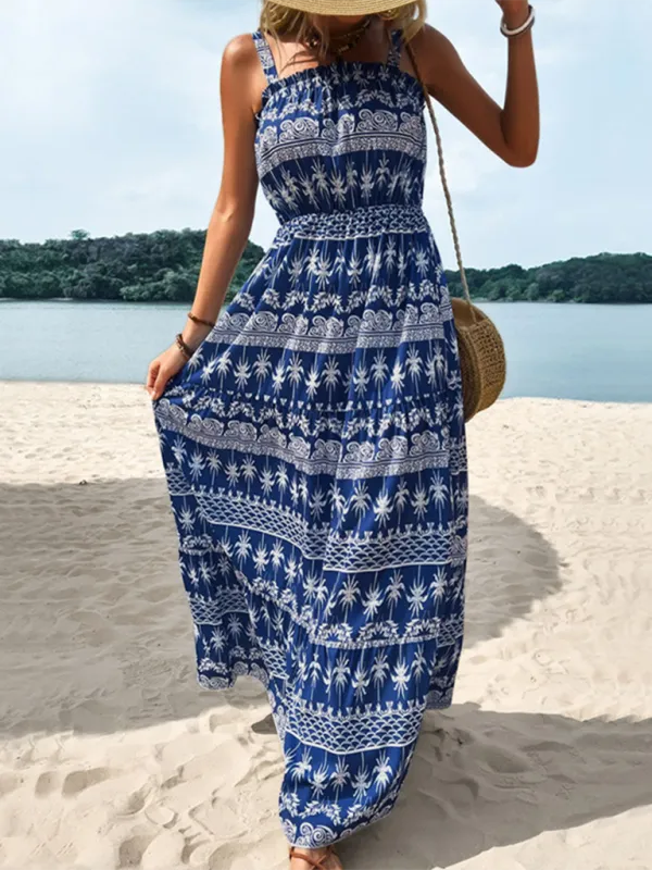 Tropical Print Maxi Dress with Smocked Bodice and High Waist