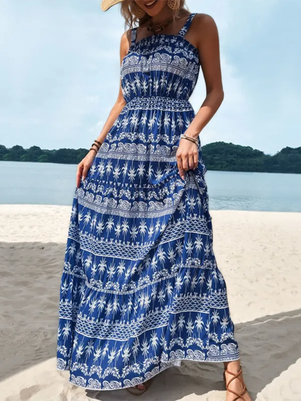 Tropical Print Maxi Dress with Smocked Bodice and High Waist