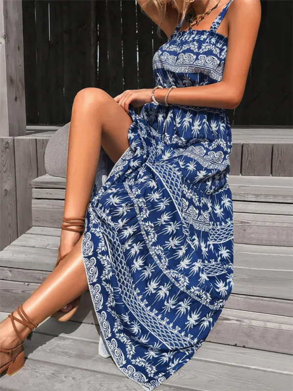 Tropical Print Maxi Dress with Smocked Bodice and High Waist