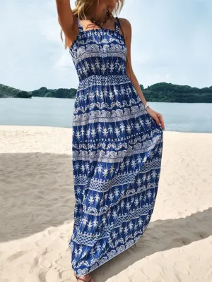 Tropical Print Maxi Dress with Smocked Bodice and High Waist