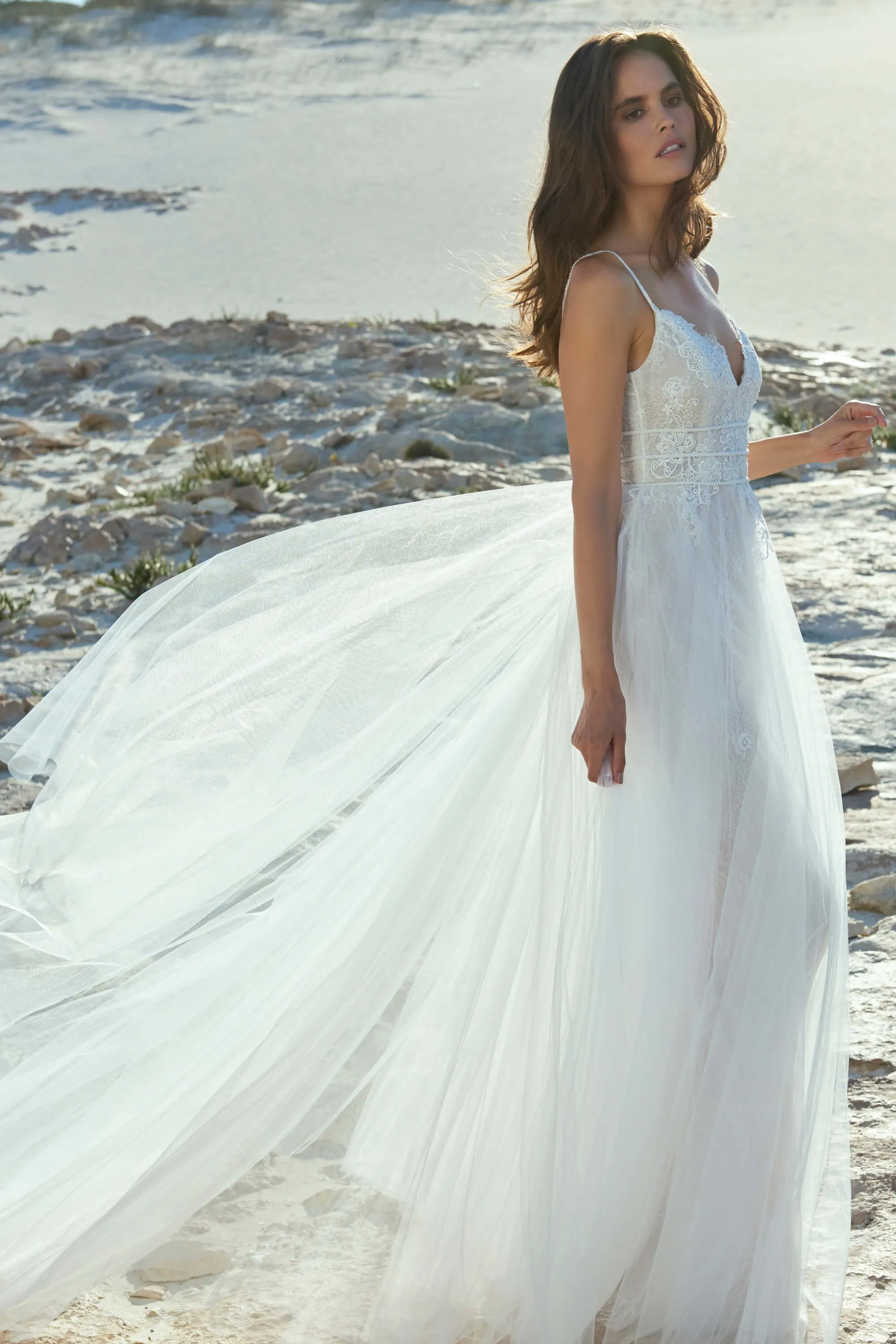 Tulle Spaghetti Plunging Sexy Wedding Dress With Lace Top And Open Back With Straps-715872