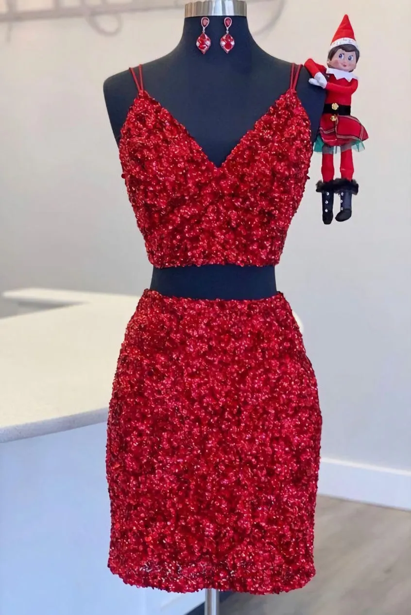 Two Piece Red Sequined Homecoming Dresses, V-neck Tight Party Dresses,Short Prom Dresses
